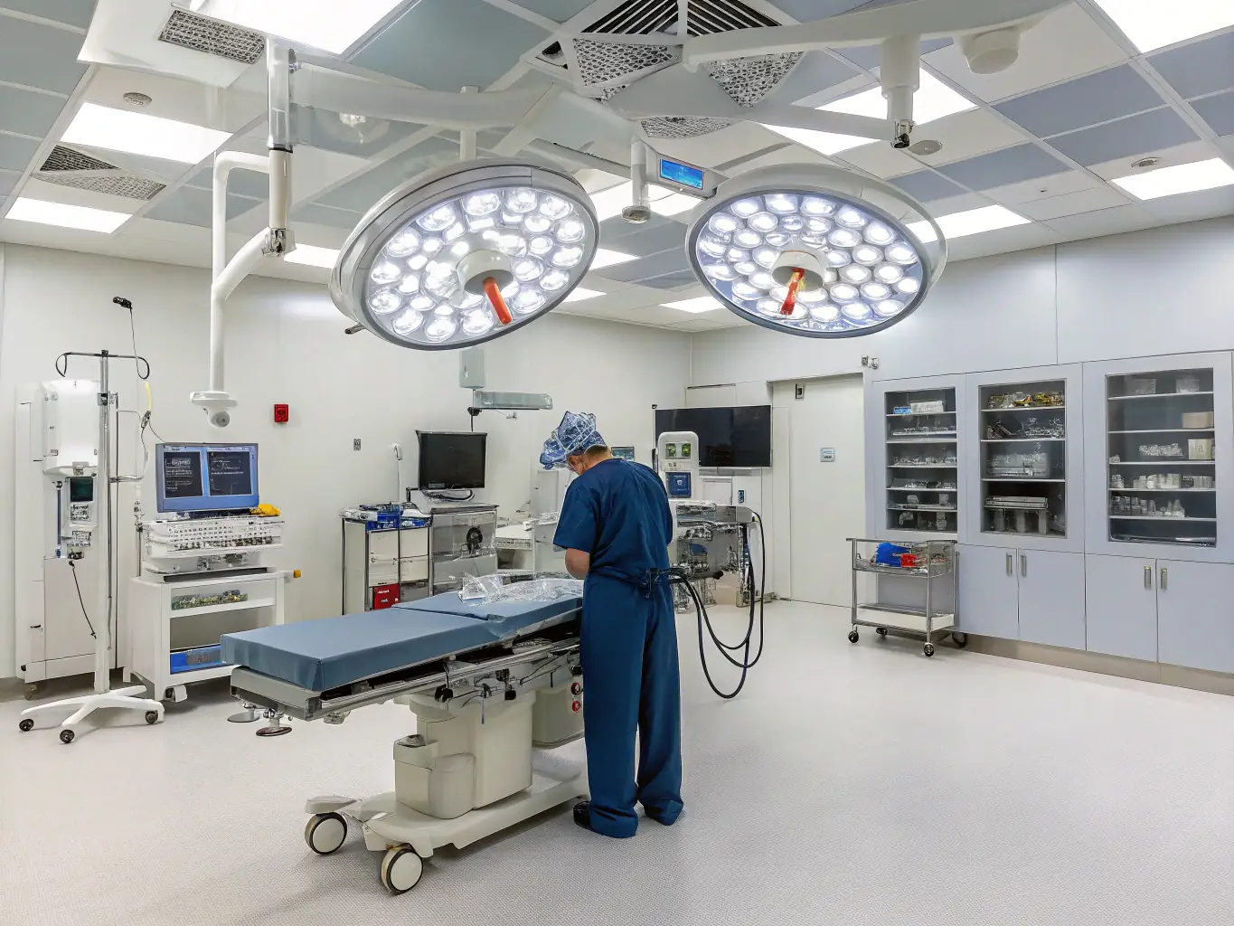 A serene operating room with state-of-the-art equipment, prepared for a facelift surgery. The image should convey a sense of precision, cleanliness, and advanced medical technology.