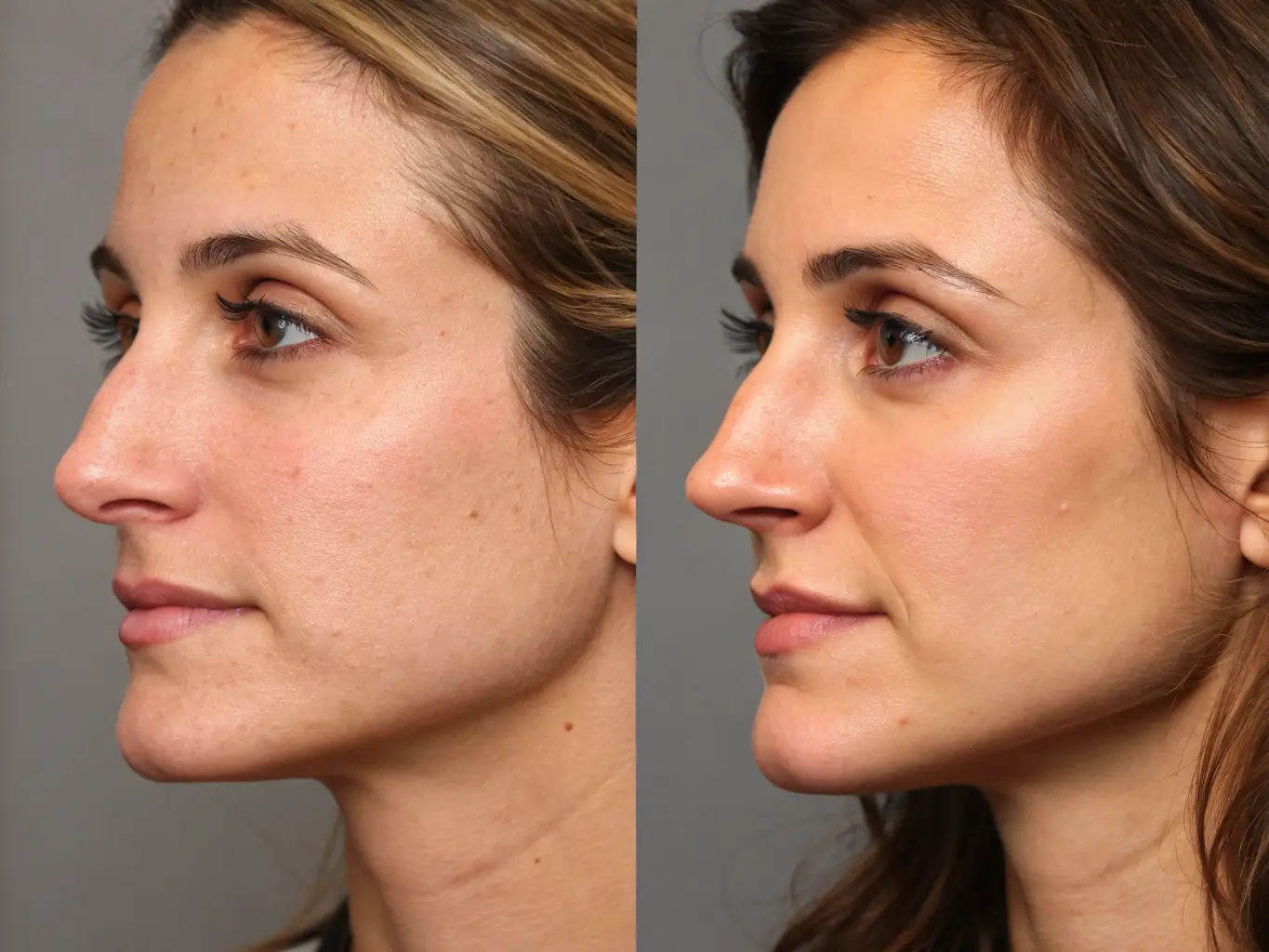 A before-and-after comparison of a patient who underwent rhinoplasty, showcasing the improved nasal symmetry and overall facial harmony.